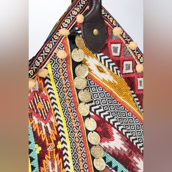Boho Chic Shoulder Tote Bag - Handmade Artisan Crafted Patchwork w/ Coin Charms - Picture 5 of 8